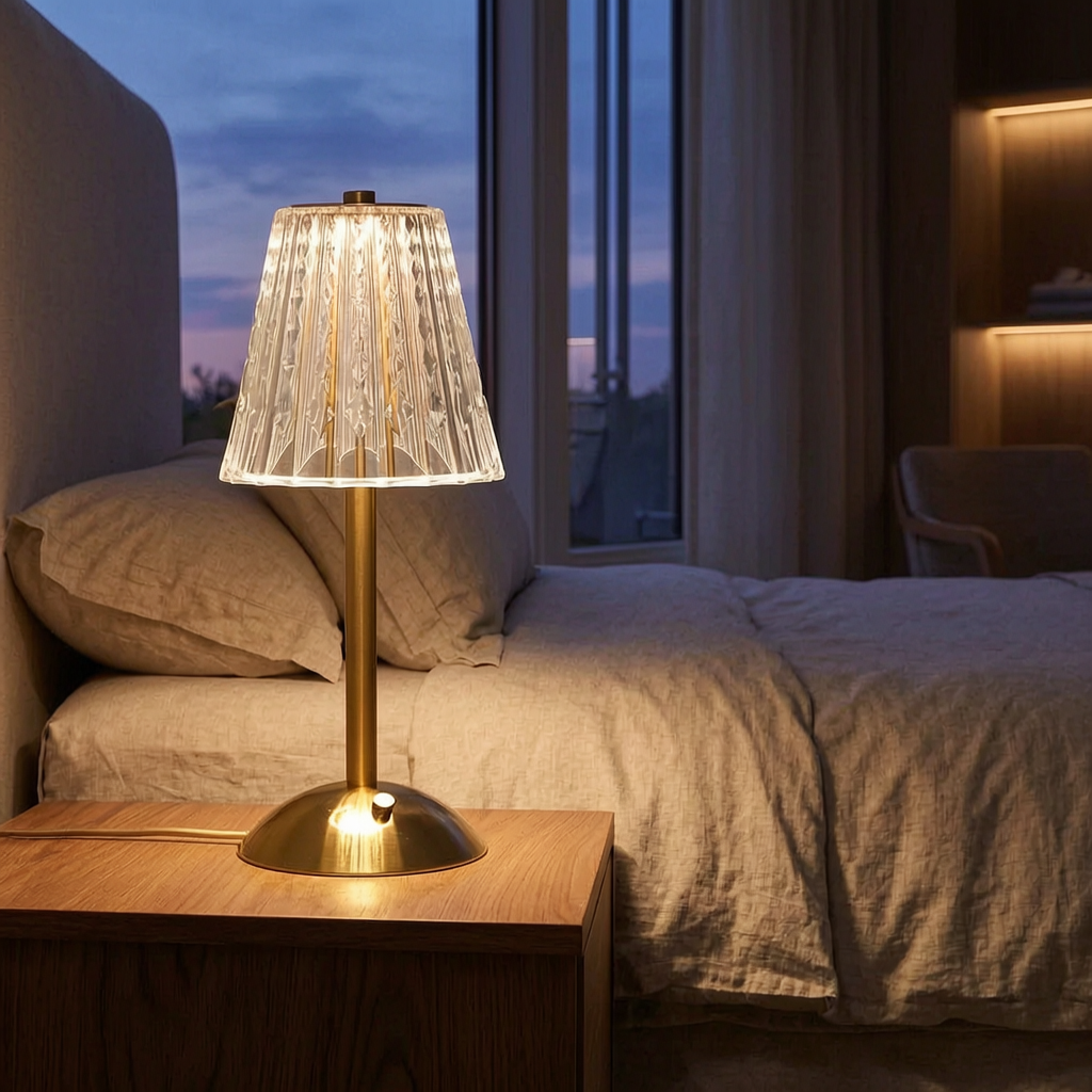 Lámpara Crystal Touch encendida en un dormitorio elegante