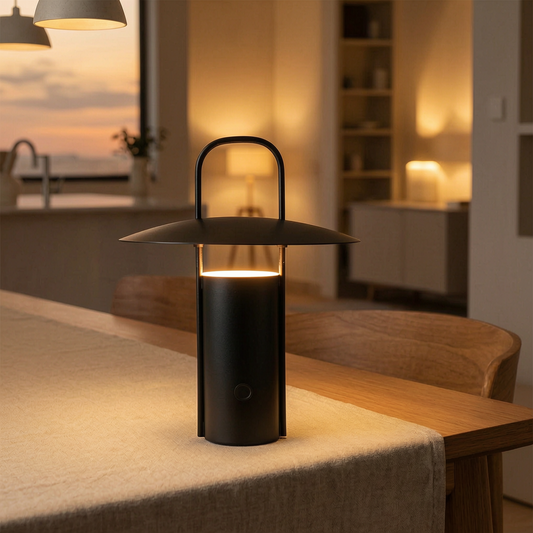 Lámpara táctil inalámbrica encendida sobre una mesa de comedor
