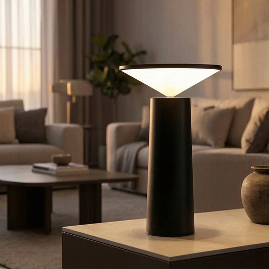 Lámpara Aurora Libra encendida en un salón cálido y elegante