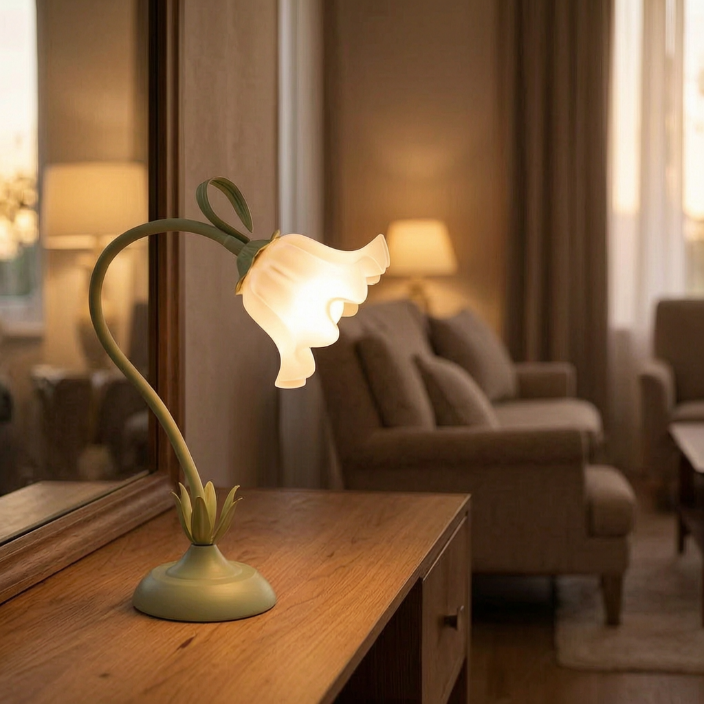 Lámpara floral encendida sobre un aparador