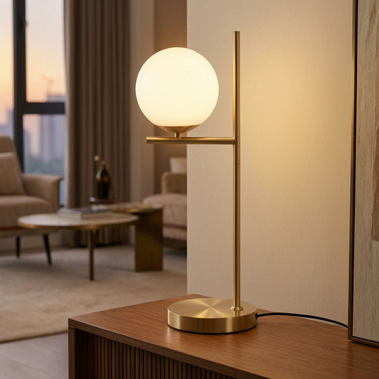 Lámpara dorada moderna encendida en un salón elegante