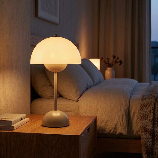 Lámpara Modern Touch encendida en una mesita de noche