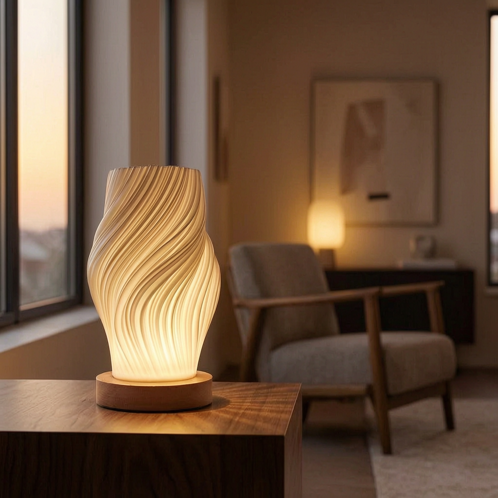 Lámpara LED en espiral encendida en un salón elegante