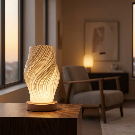 Lámpara LED en espiral encendida en un salón elegante