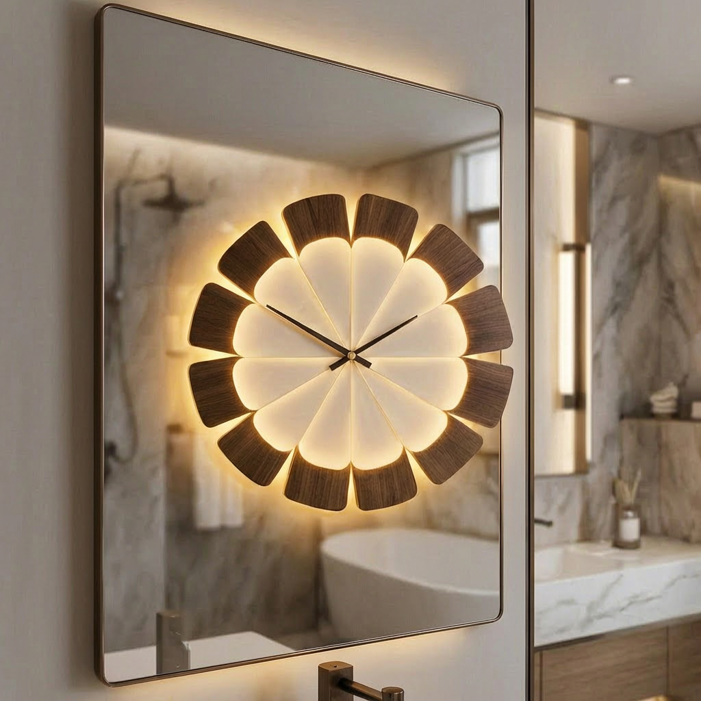 Lámpara LED para espejo encendida en un baño moderno