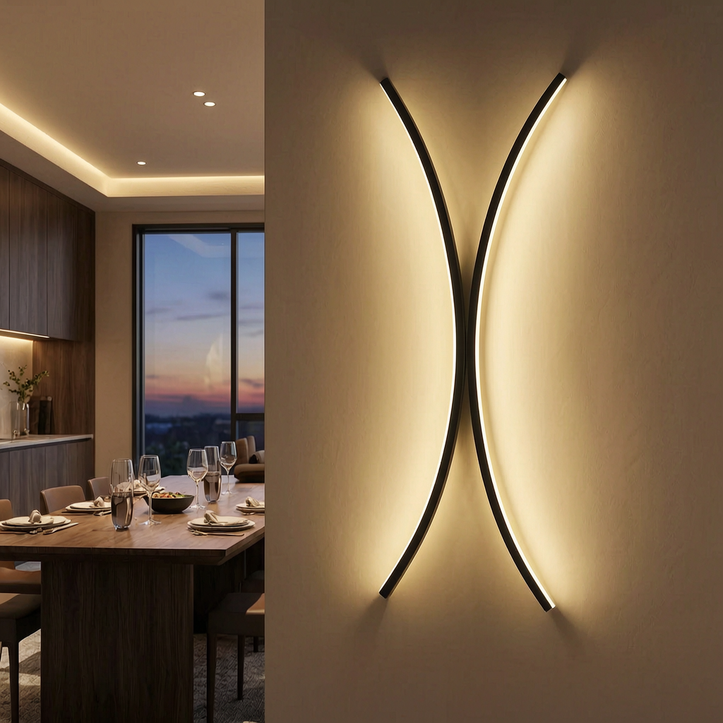Aplique LED lineal encendido en un comedor elegante