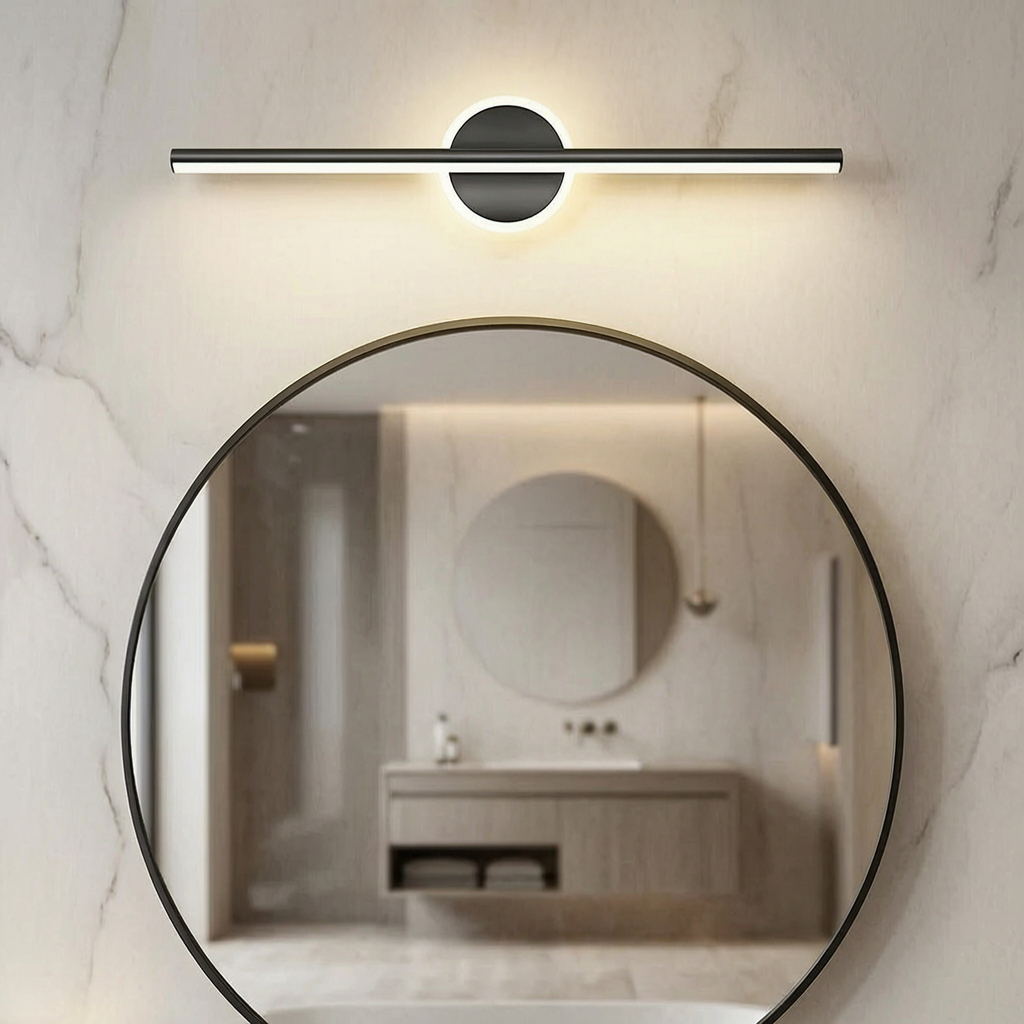 Lámpara LED de lujo para espejo encendida en un baño