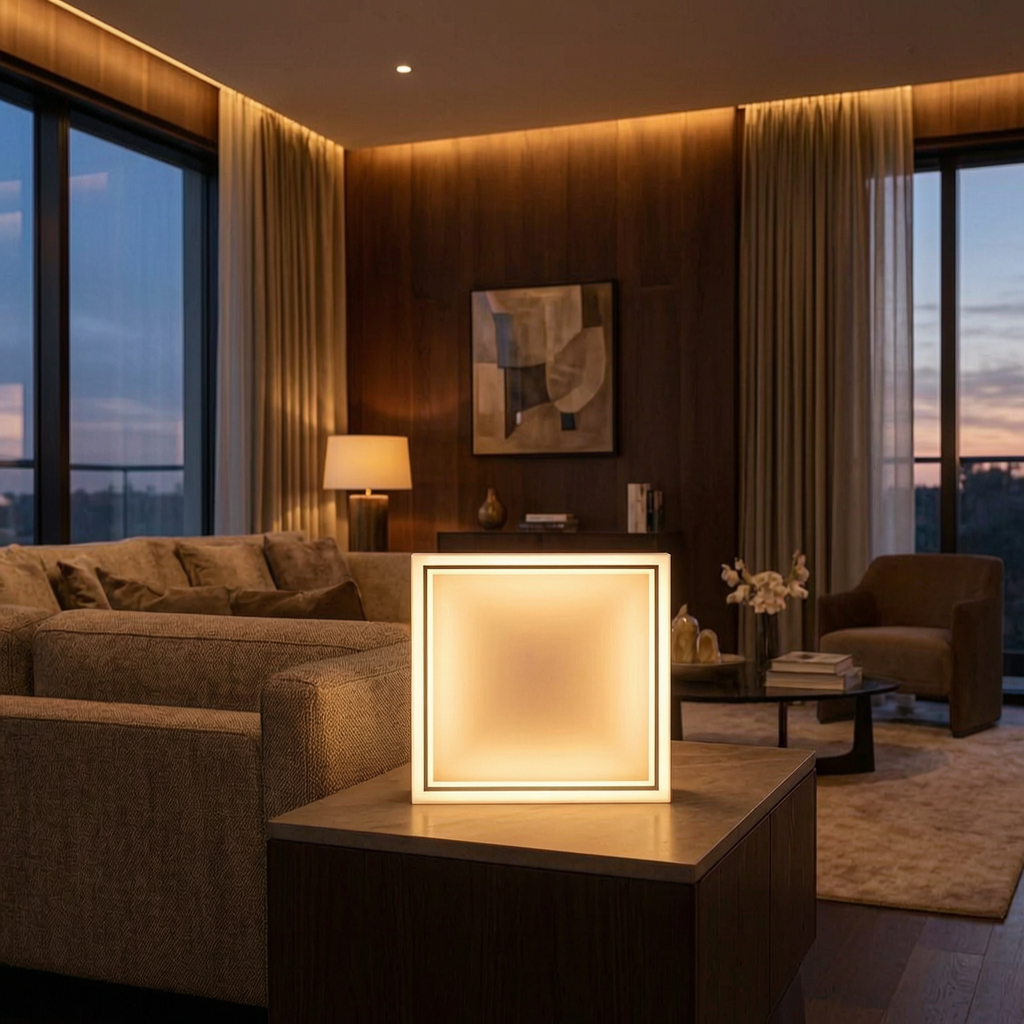 Lámpara LuvoGlow encendida en un salón cálido y elegante