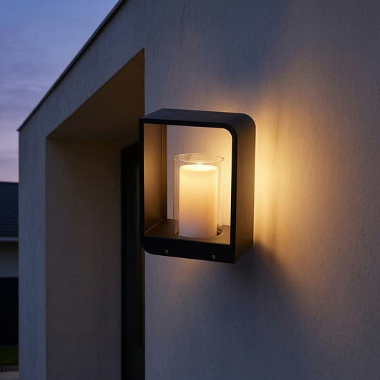 Luz LED exterior cuadrada encendida en la entrada de una casa