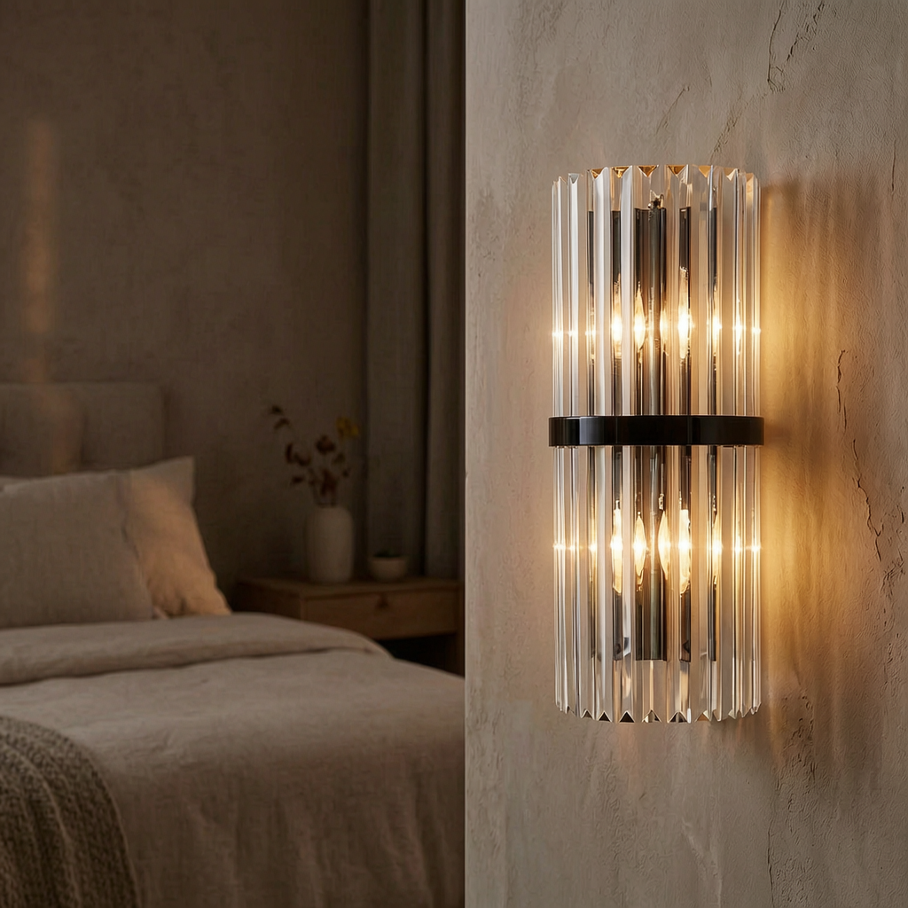 Lámpara de pared de cristal encendida en un dormitorio elegante