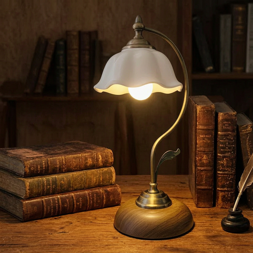 Lámpara vintage de cuello de ganso encendida sobre un escritorio