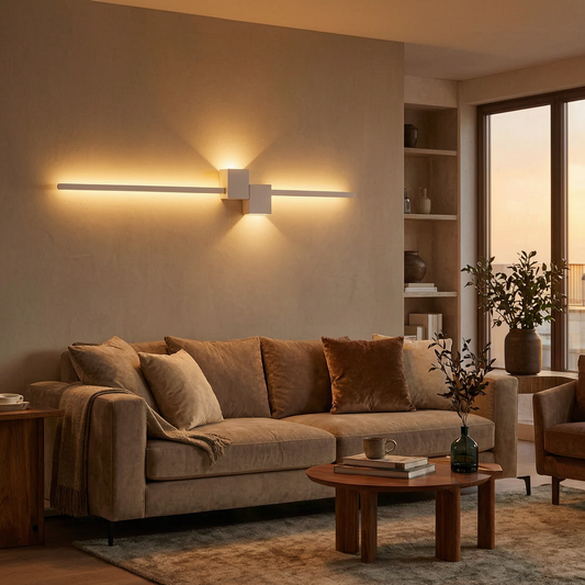 Lámpara de pared LED encendida en un salón cálido y elegante