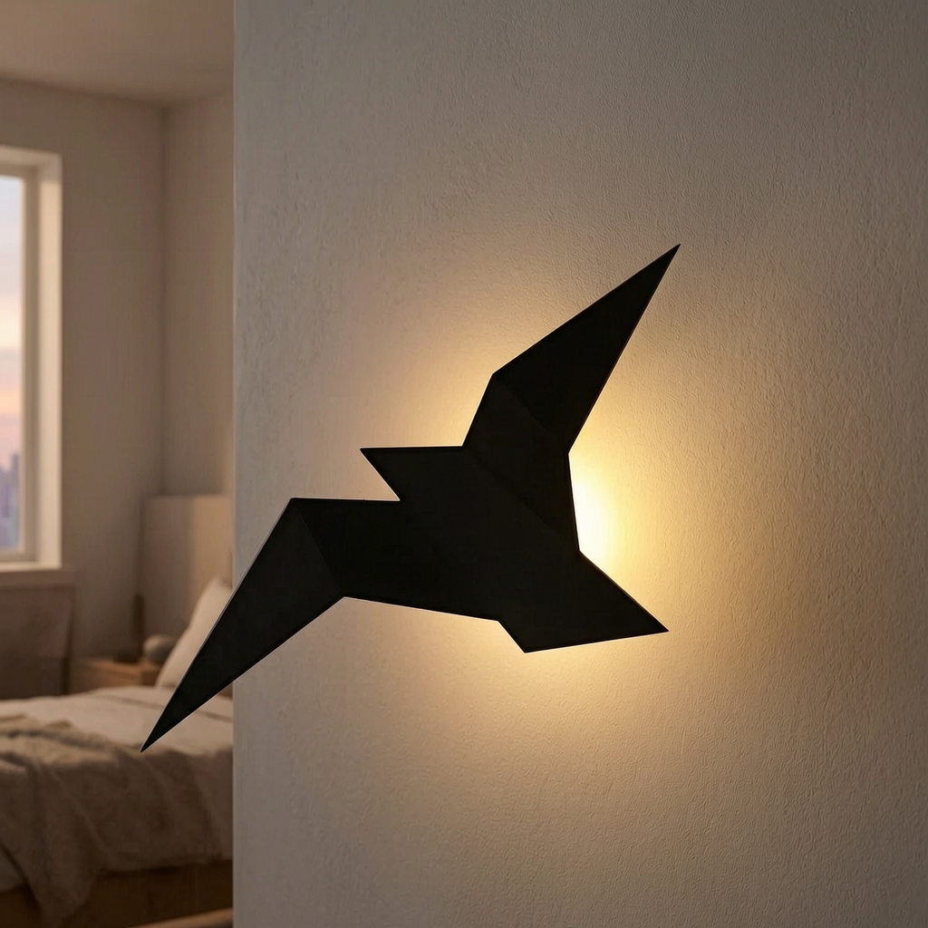Lámpara de pared Origami encendida en un dormitorio moderno