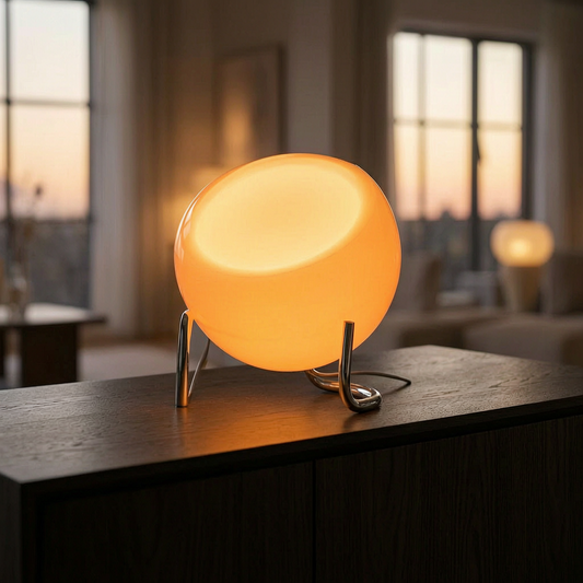 Lámpara de vidrio Bauhaus encendida sobre un aparador