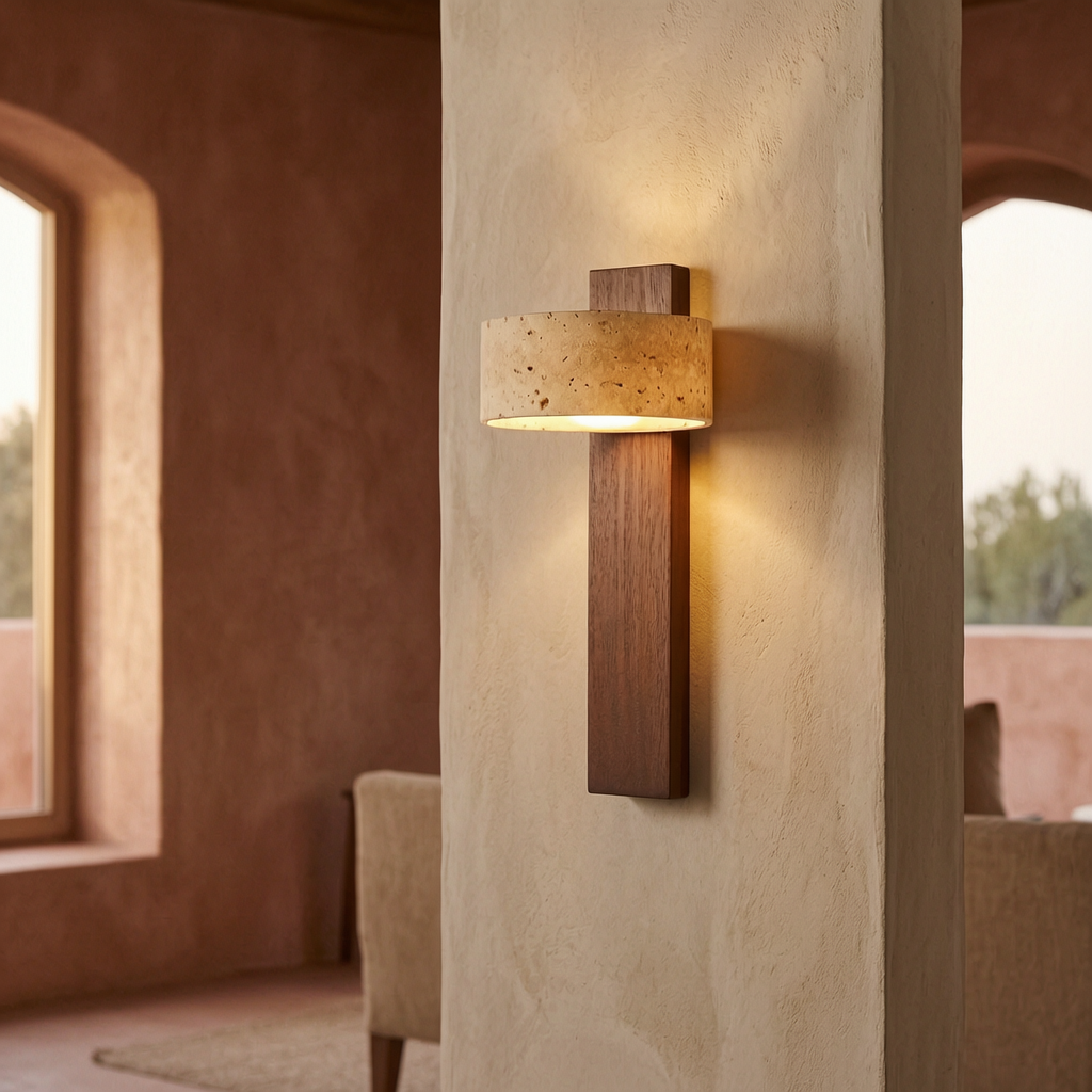 Lámpara de pared de travertino encendida en un salón mediterráneo