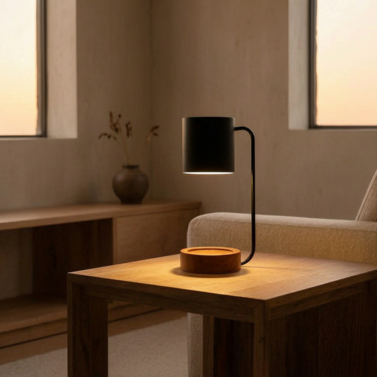 Lámpara minimalista japonesa encendida en un salón japandi