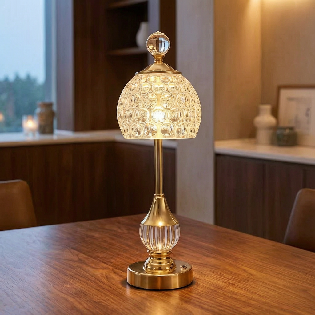 Lámpara Crystal Touch encendida sobre una mesa de comedor