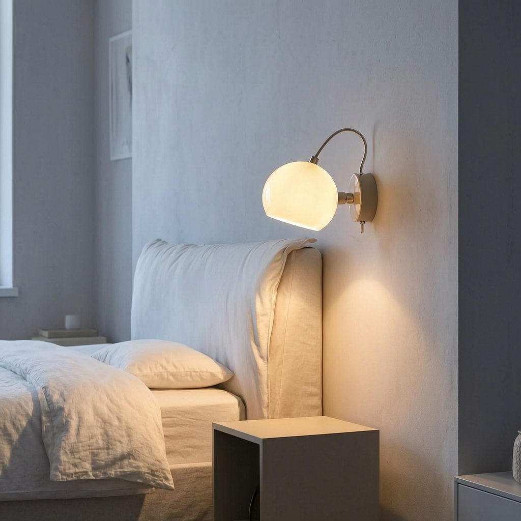 Lámpara de pared Nordic Cream encendida junto a una cama