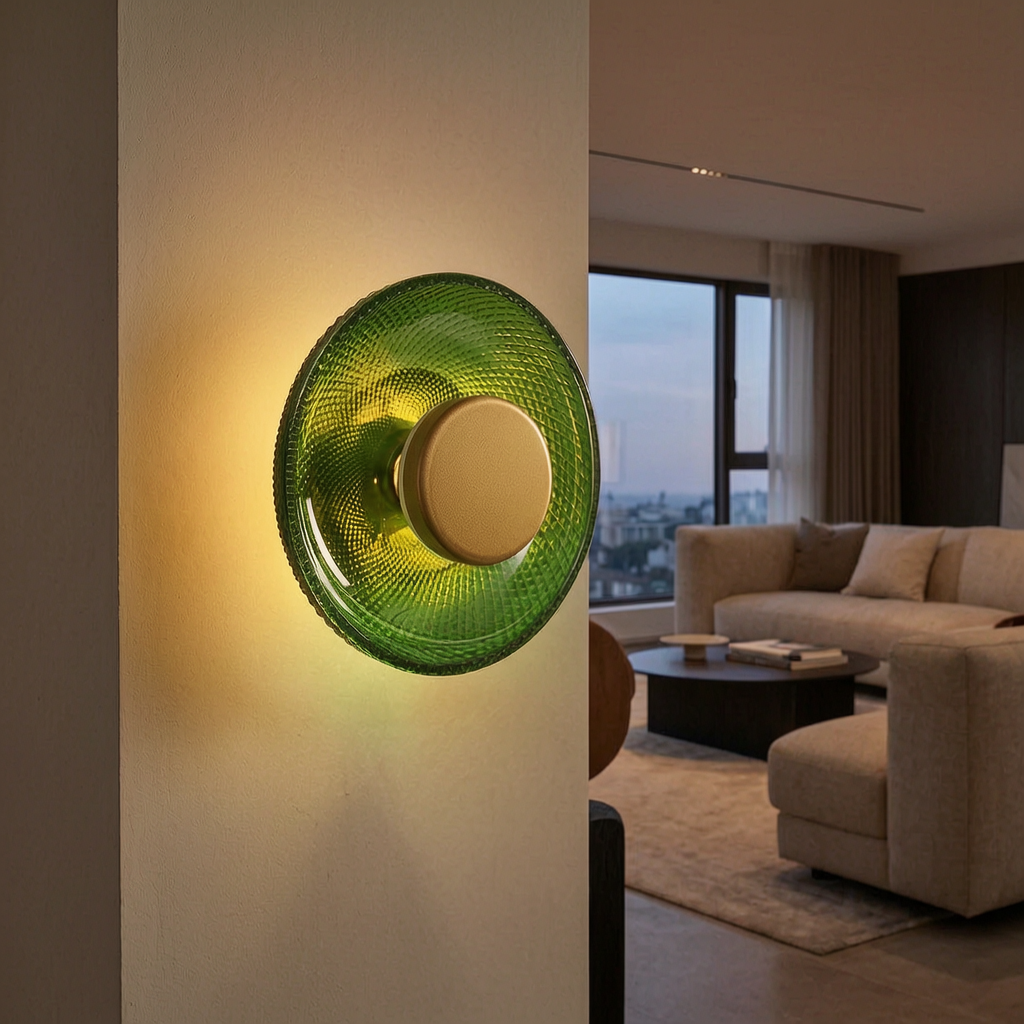 Lámpara de pared de vidrio coloreado encendida en un salón