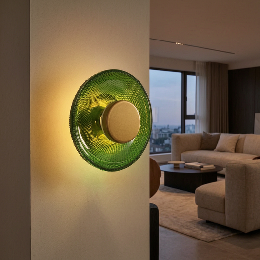 Lámpara de pared de vidrio coloreado encendida en un salón