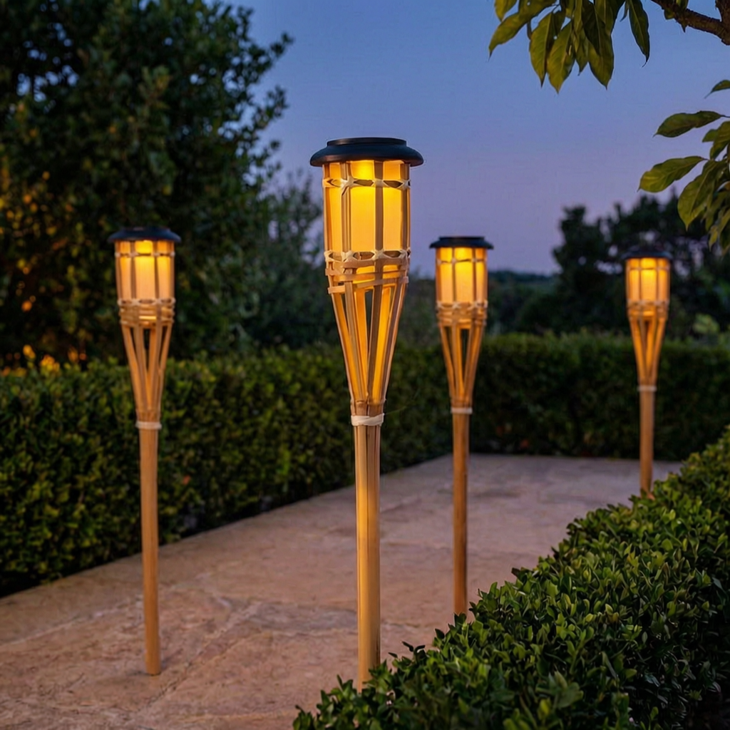 Antorchas solares de bambú encendidas en un jardín al atardecer