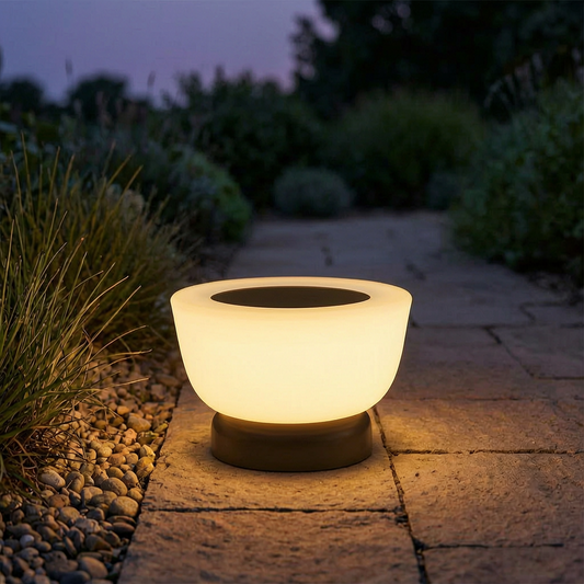 Luz solar encendida en un sendero de jardín