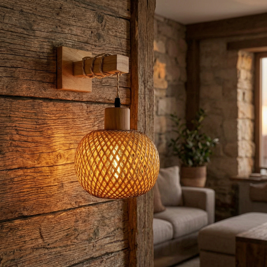 Aplique rústico de madera encendido en un salón acogedor
