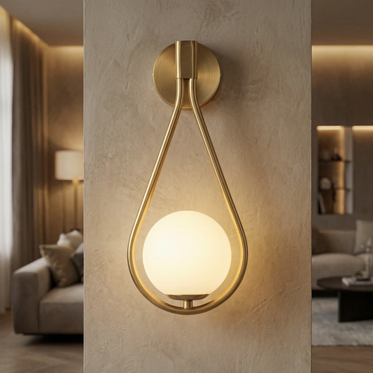Lámpara de pared Droplet encendida en un salón elegante