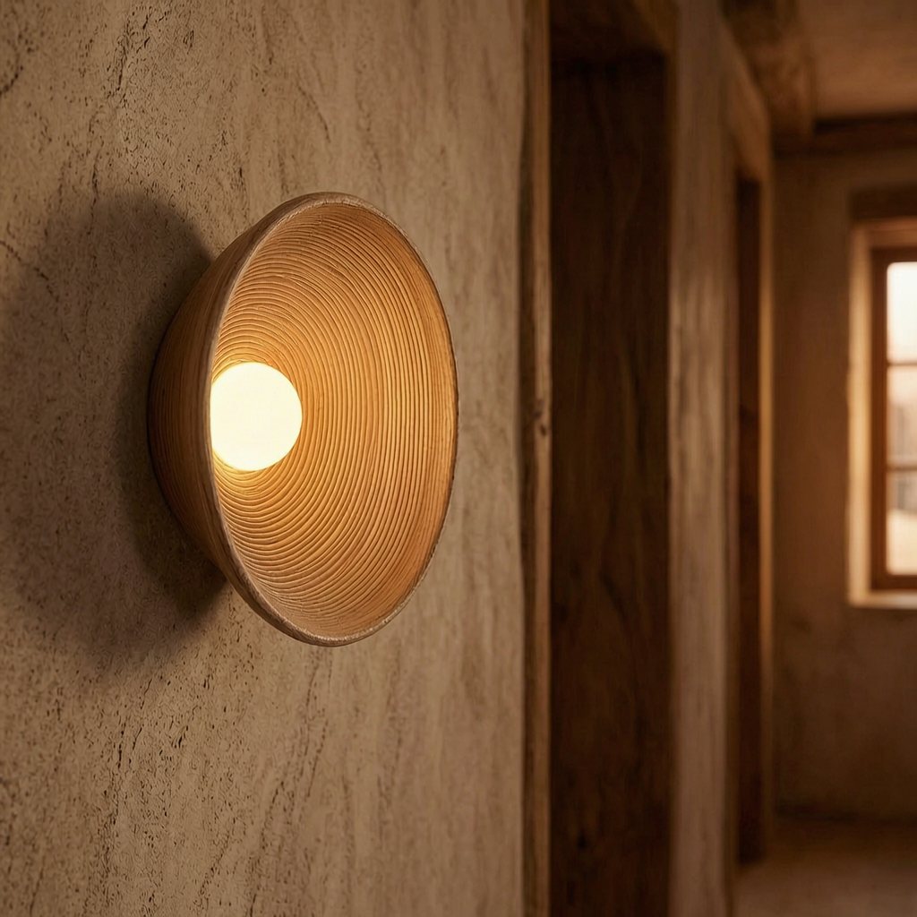 Aplique rústico de madera encendido en un pasillo