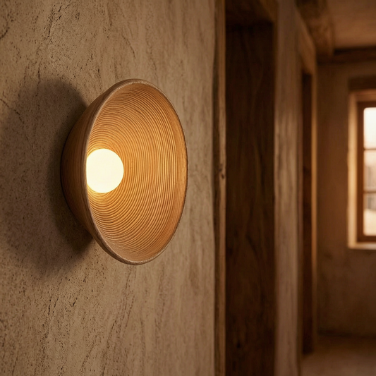 Aplique rústico de madera encendido en un pasillo