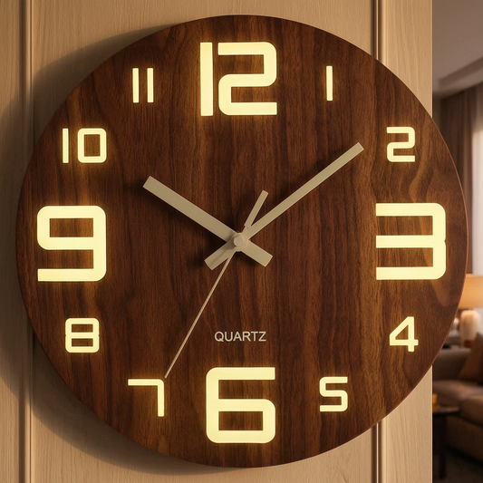 Reloj de pared luminoso de nogal en un salón elegante