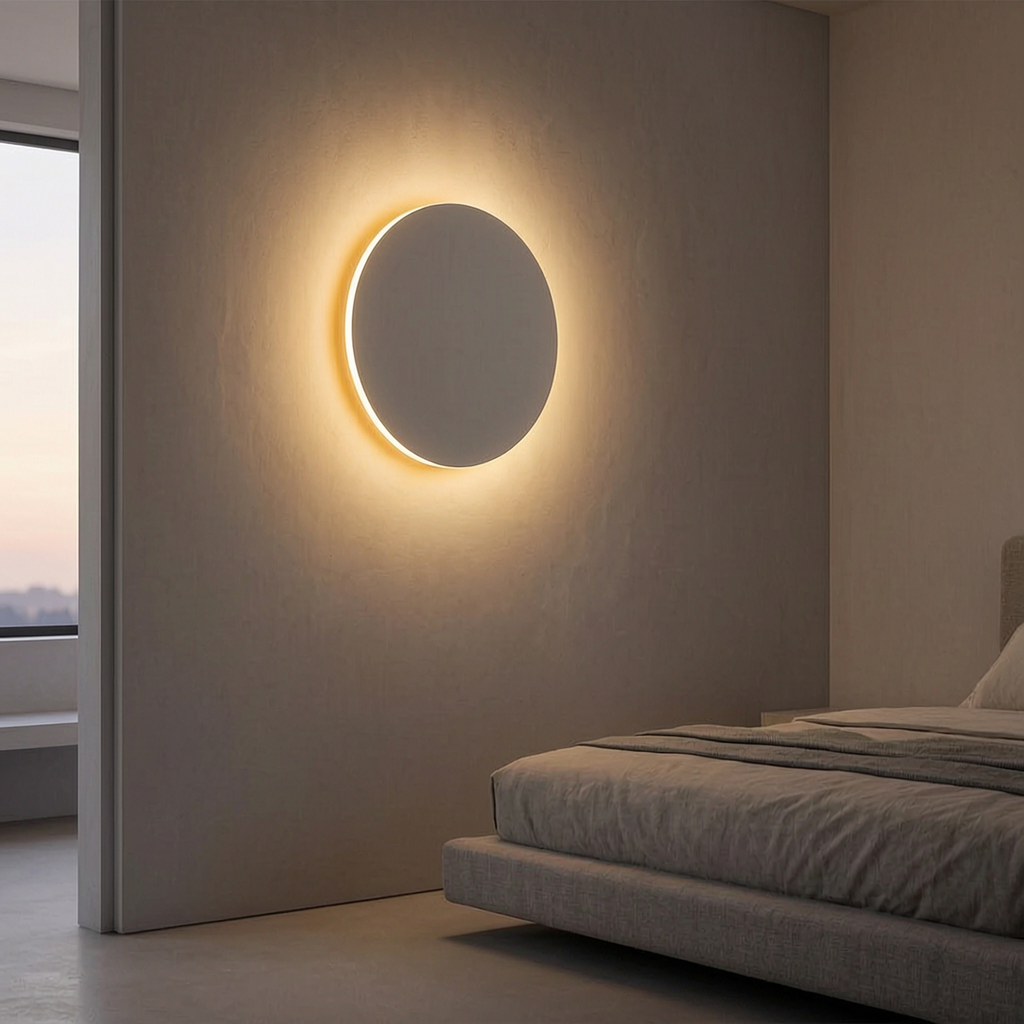Luz de pared LED redonda encendida en un dormitorio minimalista