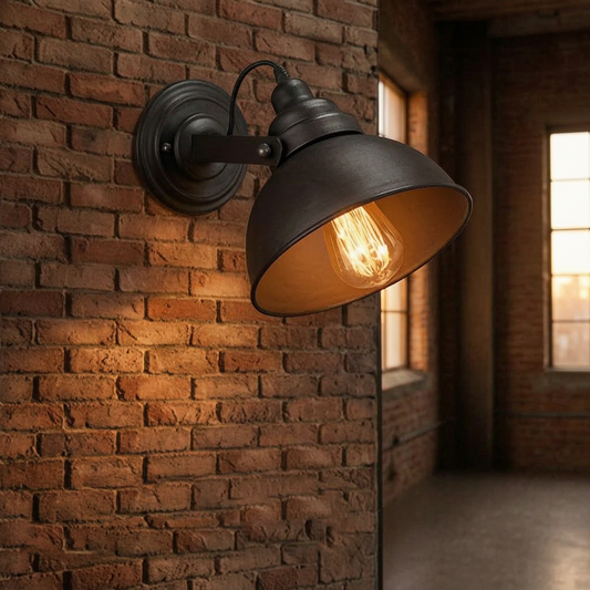 Lámpara de pared industrial encendida en un loft de ladrillo