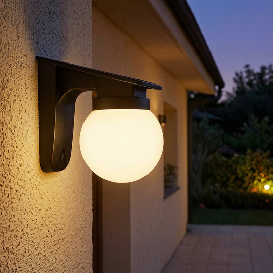 Luz solar de pared con globo encendida en un patio