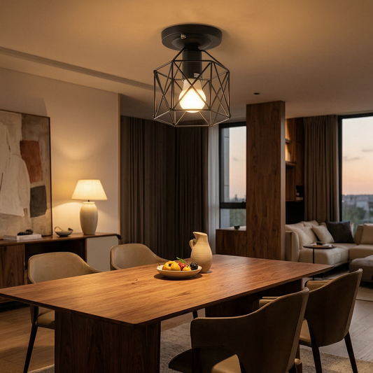Lámpara de techo dorada encendida sobre una mesa de comedor