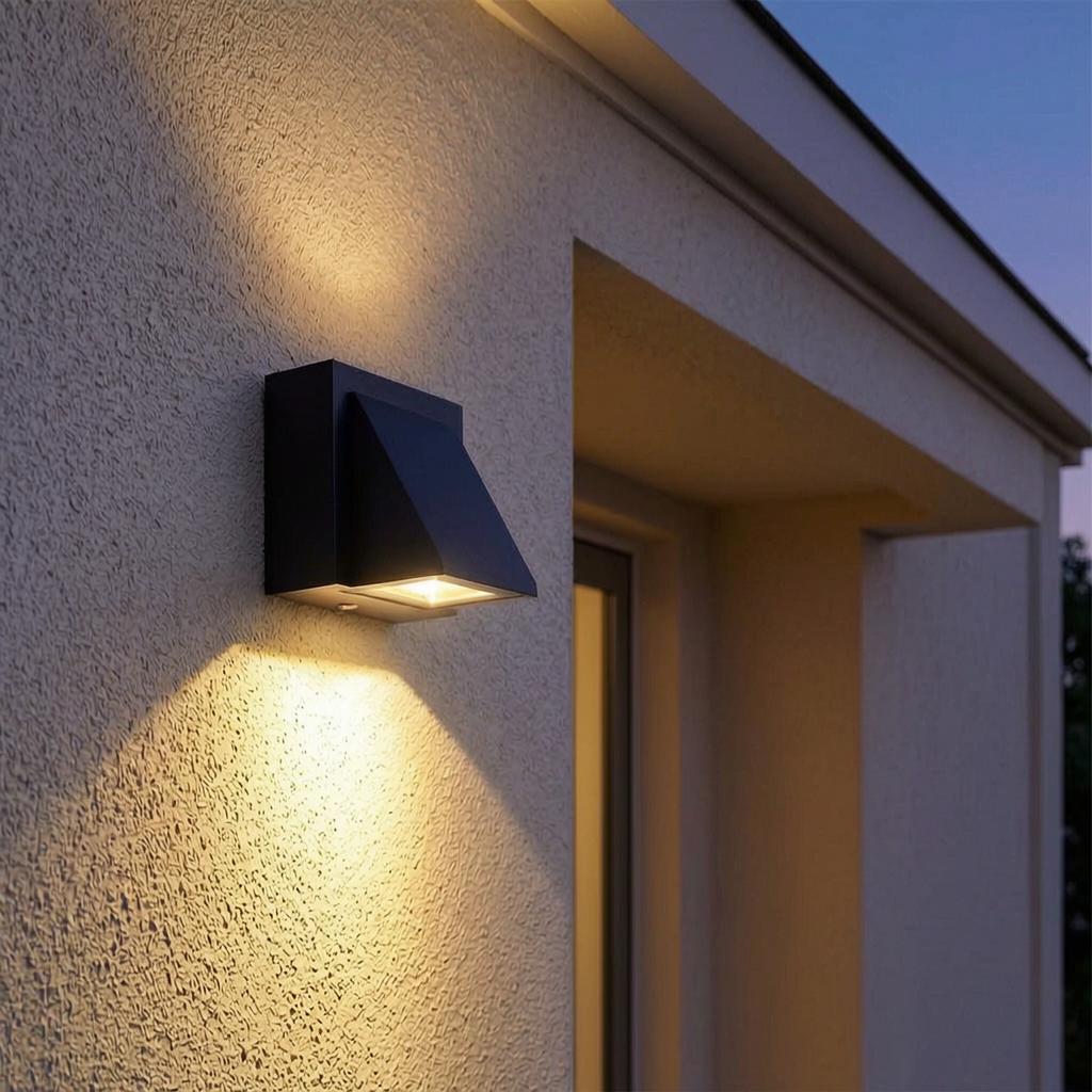 Lámpara de pared exterior LED encendida junto a la puerta de una casa