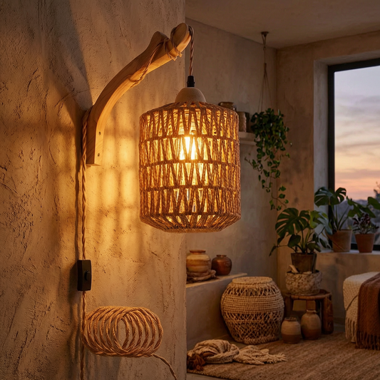 Lámpara de pared boho de madera y ratán encendida en un salón