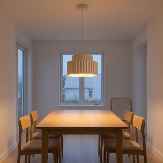 Lámpara de techo Nordic Ripple encendida sobre una mesa de comedor