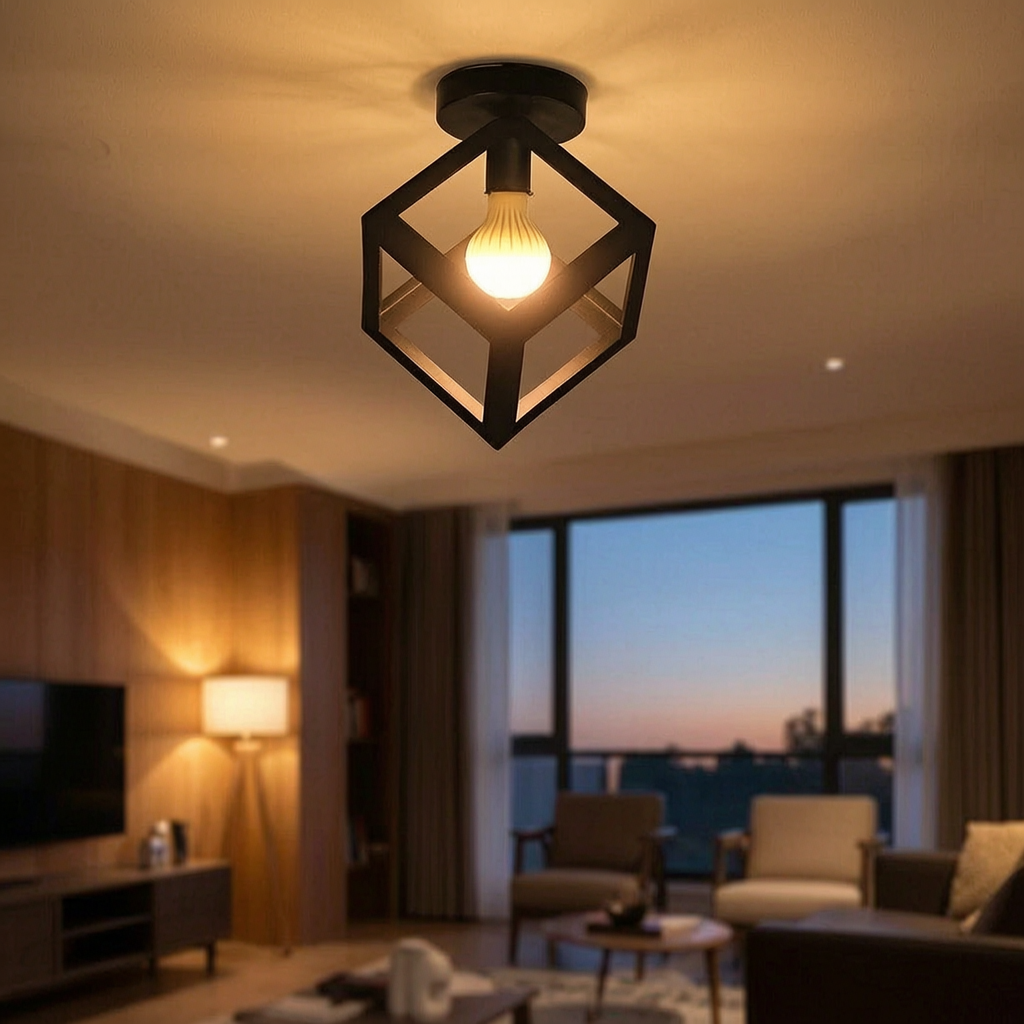 Lámpara de techo cubo geométrico encendida en un salón