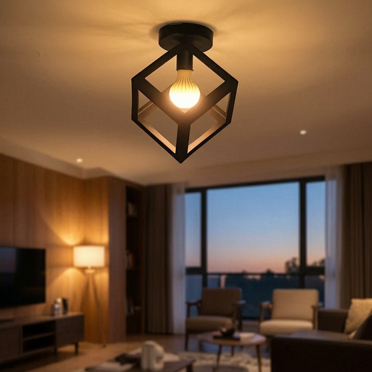 Lámpara de techo cubo geométrico encendida en un salón