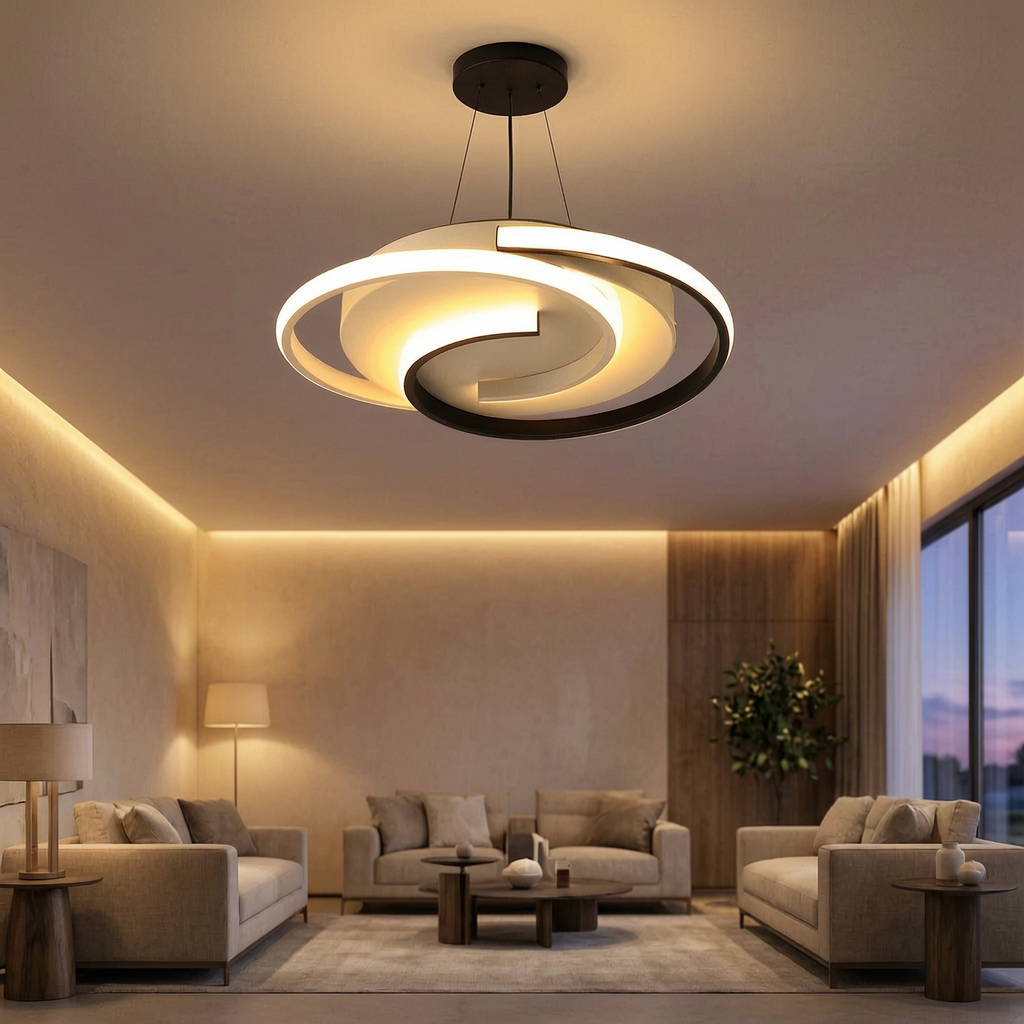 Lámpara de techo LED en espiral encendida en un salón