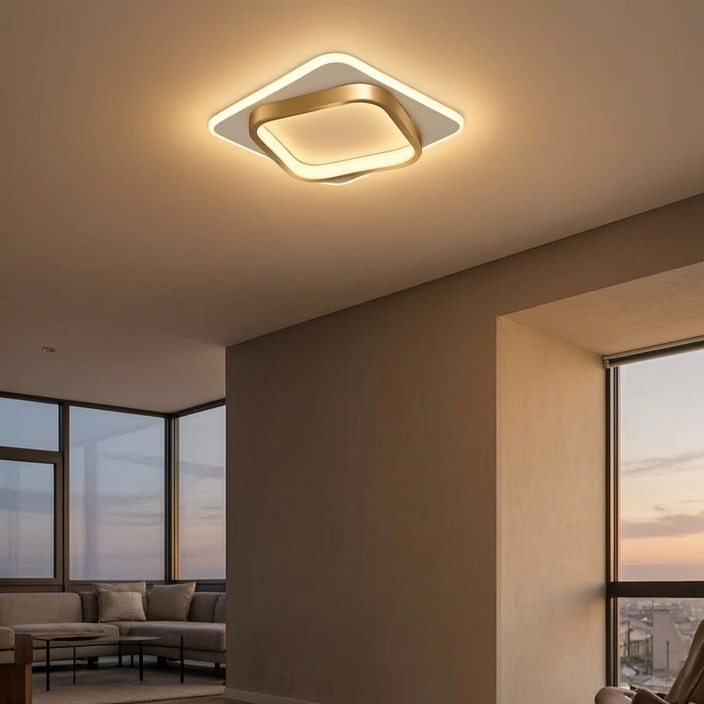 Plafón LED cuadrado encendido en un salón moderno