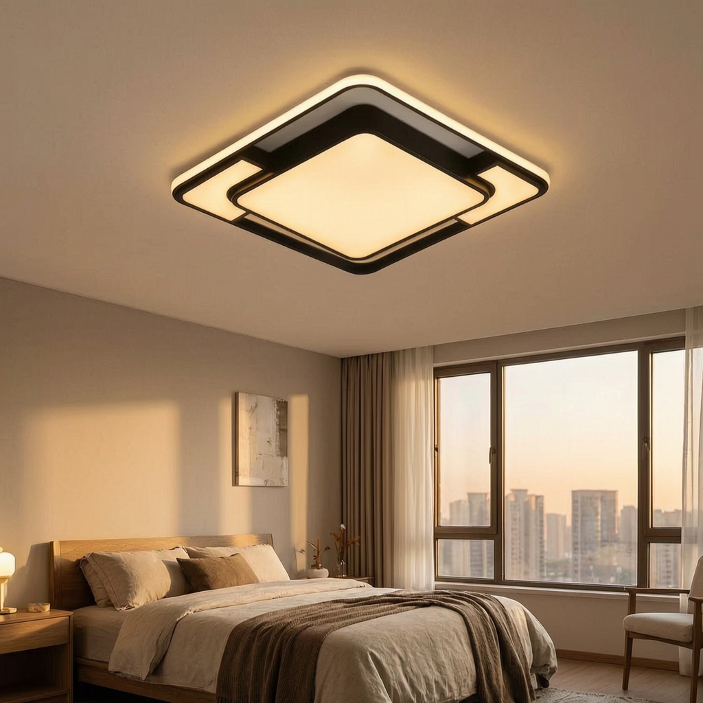 Lámpara de techo LED con mando encendida en un dormitorio