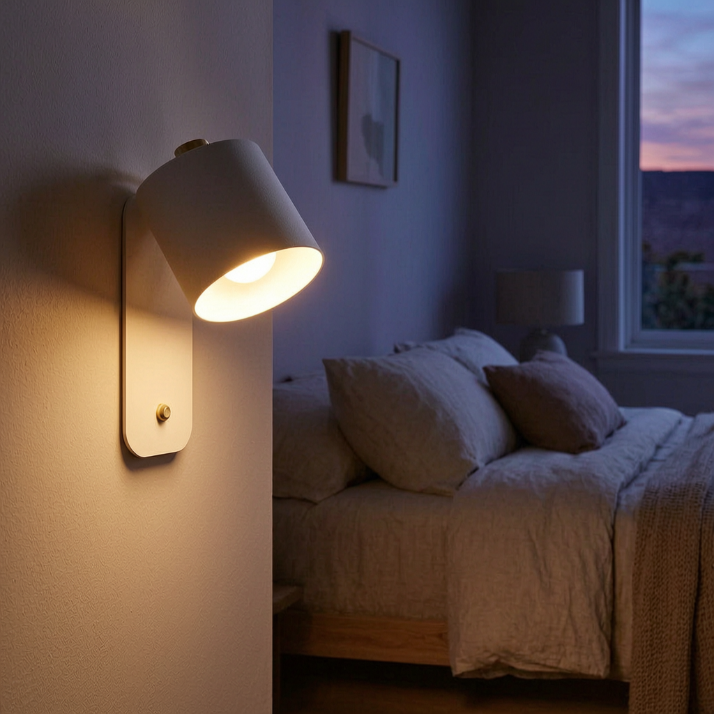 Lámpara de pared LED con interruptor encendida junto a una cama