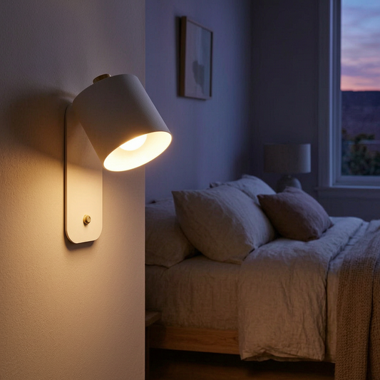 Lámpara de pared LED con interruptor encendida junto a una cama