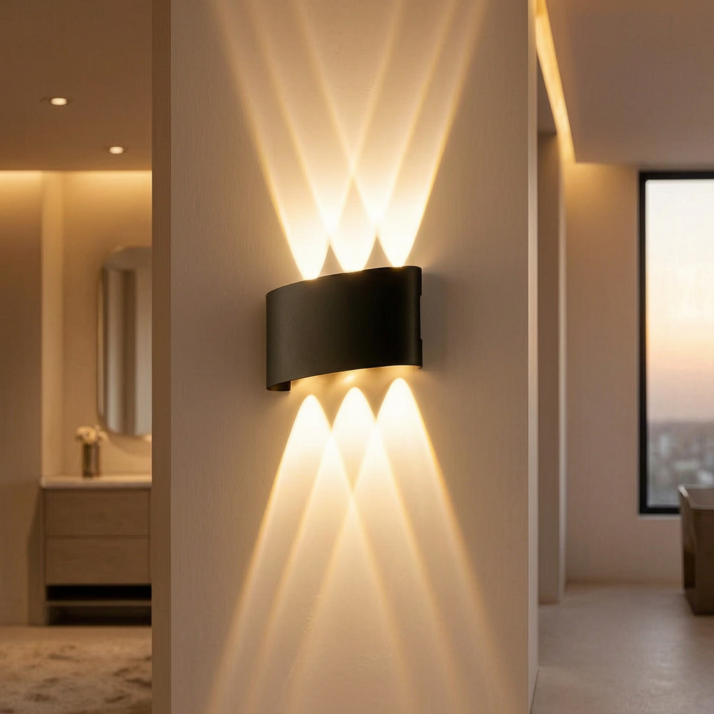 Luz de pared LED de doble haz encendida en un pasillo