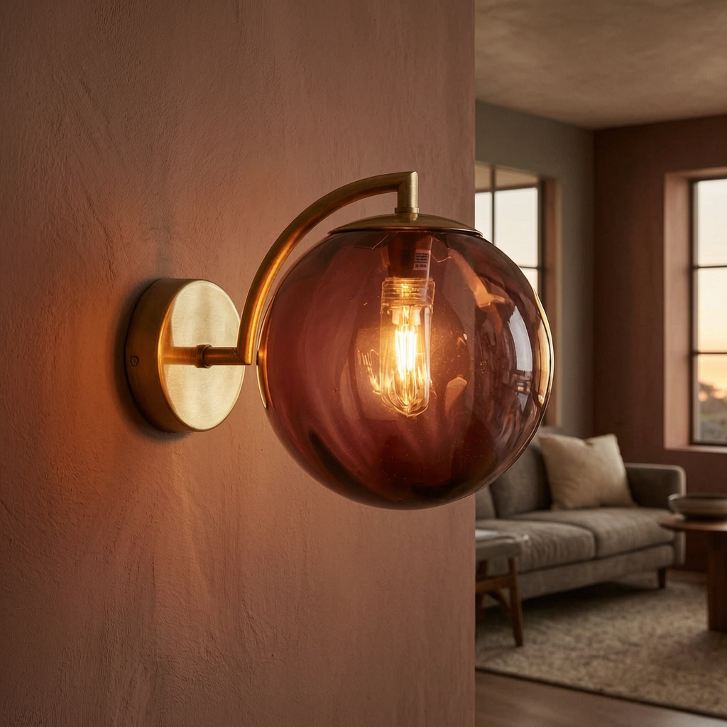 Lámpara de pared con bola de vidrio encendida en un salón