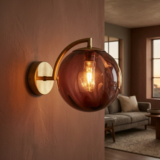 Lámpara de pared con bola de vidrio encendida en un salón