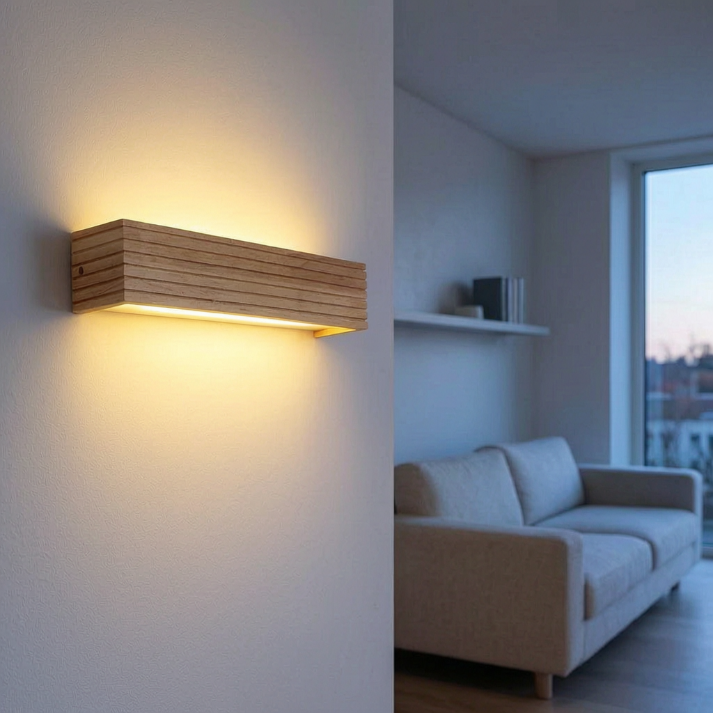 Lámpara de pared LED de madera encendida en un salón nórdico