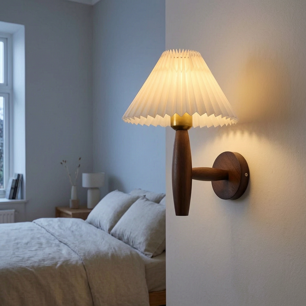 Aplique de madera nórdica encendido junto a una cama